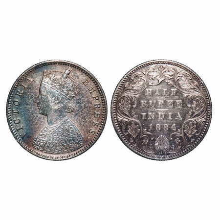 Victoria Empress, Silver, Half Rupee, 1884, Bombay Mint, A/II(i), No dot, Center verticle 