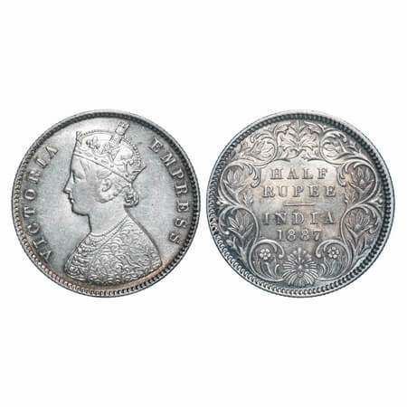 Victoria Empress, Silver, Half Rupee, 1887, Calcutta Mint, A/I, 'C' incused. F. Prid 271.