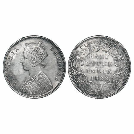 Victoria Empress, Silver, Half Rupee, 1888, Bombay Mint, A/II(i), 'B' raised, Big B, Ex-mo