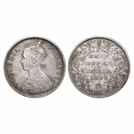 Victoria Empress, Silver, Half Rupee, 1888, Bombay Mint, A/II(i), 'B' raised, Big B. F. Pr