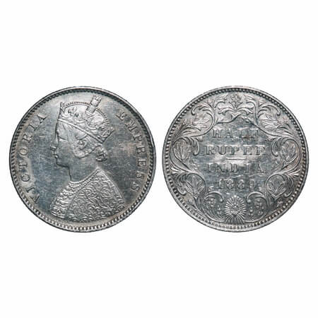 Victoria Empress, Silver, Half Rupee, 1889, Bombay Mint, A/II(i), 'B' raised, Small B. F. 