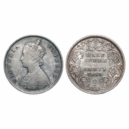 Victoria Empress, Silver, Half Rupee, 1889, Calcutta Mint, A/I, 'C' incused. F. Prid 273. 