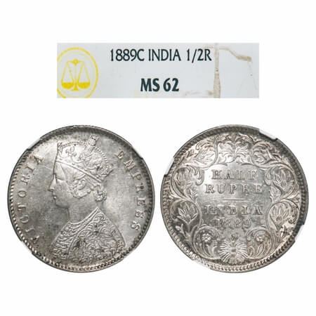 Victoria Empress, Silver, Half Rupee, 1889, Calcutta Mint, A/I, 'C' incused. F. Prid 273. 
