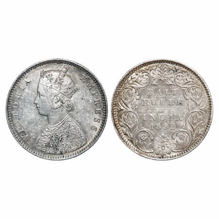 Victoria Empress, Silver, Half Rupee, 1892, Bombay Mint, A/I, 'B' incused. F. Prid 302. GK