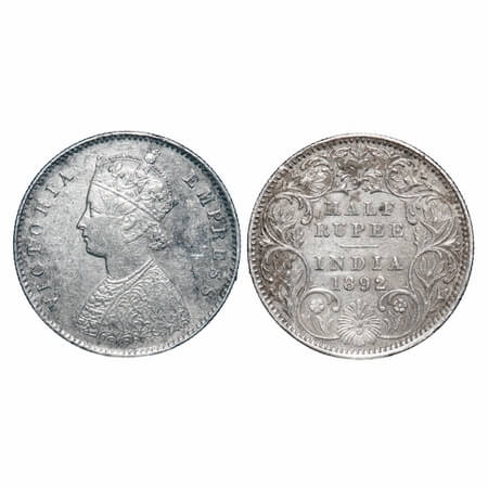 Victoria Empress, Silver, Half Rupee, 1892, Calcutta Mint, A/I, 'C' incused. F. Prid 276. 