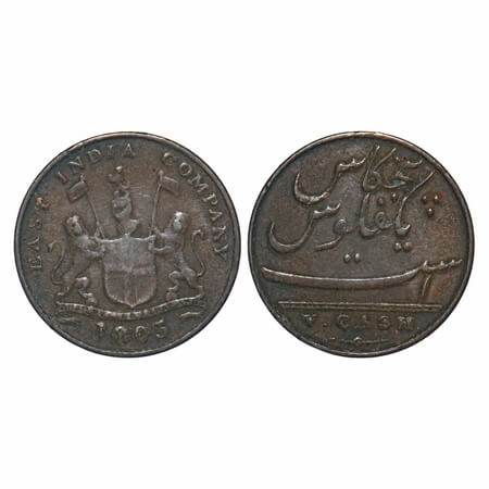Madras Presidency, Copper V (Five) Cash, 3.00g, Struck at Soho Mint, 1803 AD, Obv: Coat of