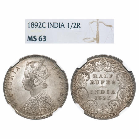 Victoria Empress, Silver, Half Rupee, 1892, Calcutta Mint, A/I, 'C' incused. F. Prid 276. 