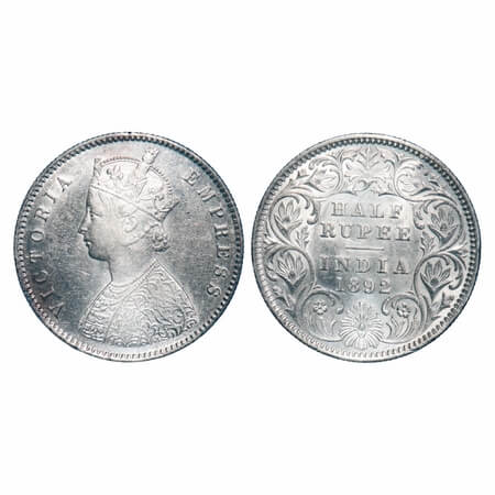Victoria Empress, Silver, Half Rupee, 1892, Calcutta Mint, A/I, 'C' incused. F. Prid 276. 