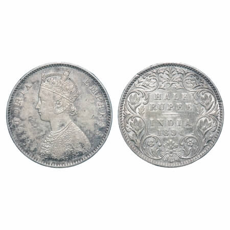 Victoria Empress, Silver, Half Rupee, 1894, Bombay Mint, A/I, 'B' incused. F. Prid 304. GK