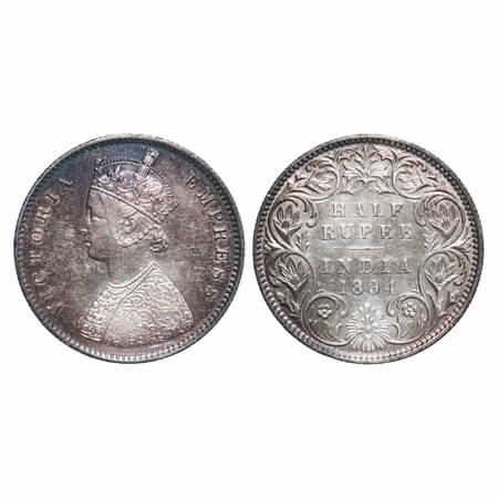 Victoria Empress, Silver, Half Rupee, 1894, Bombay Mint, A/I, 'B' incused. F. Prid 304. GK