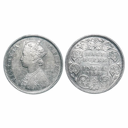 Victoria Empress, Silver, Half Rupee, 1894, Calcutta Mint, A/I, 'C' incused. F. Prid 278.