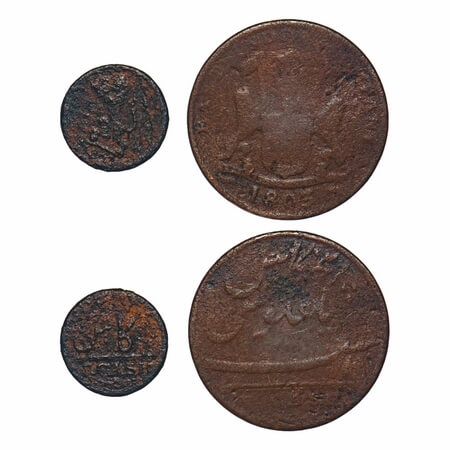 Madras Presidency, Copper V/5 & I/1 Cash (2 Coins), Struck at Soho Mint, (1803-1808 AD Iss
