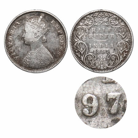 Victoria Empress, Silver, Half Rupee, 1897, Bombay Mint, A/I, 'B' incused, Traces of numer
