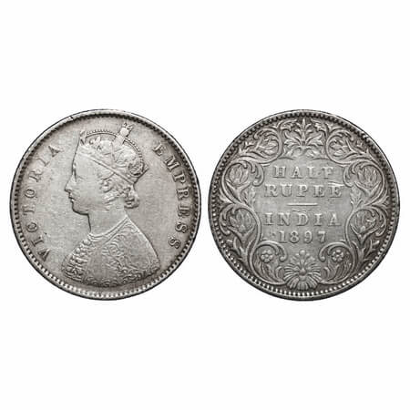 Victoria Empress, Silver, Half Rupee, 1897, Bombay Mint, A/I, 'B' incused. F. Prid 305. GK