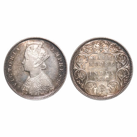 Victoria Empress, Silver, Half Rupee, 1897, Calcutta Mint, A/I, 'C' incused, Traces of num