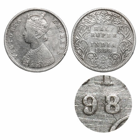 Victoria Empress, Silver, Half Rupee, 1898, Bombay Mint, A/I, 'B' incused, Traces of numer