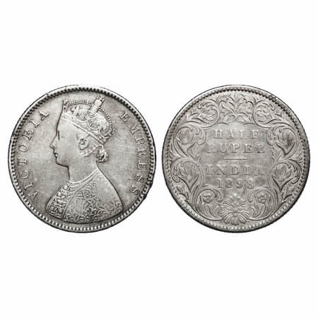 Victoria Empress, Silver, Half Rupee, 1898, Bombay Mint, A/I, 'B' incused, B incused inver