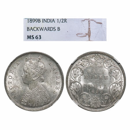 Victoria Empress, Silver, 1/2 Rupee, 1899, Bombay Mint, A/I, 'B' incused, B incused invert
