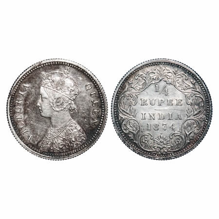 Victoria Queen, Silver, 1/4 Rupee, 1874, Bombay Mint, A/I, Dot, Planchet flaw on rim edge 