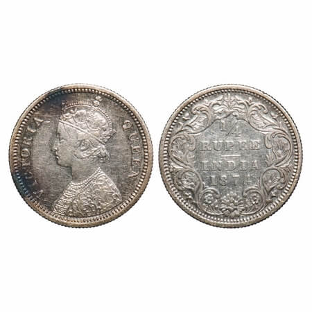 Victoria Queen, Silver, 1/4 Rupee, 1874, Bombay Mint, A/I, Dot. F. Prid 405. GK 664. Extre