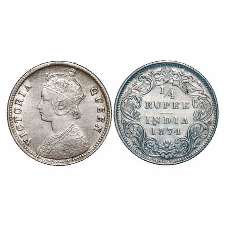 Victoria Queen, Silver, 1/4 Rupee, 1874, Calcutta Mint, A/I, No mint mark, No C. F. Prid 3