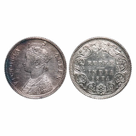 Victoria Queen, Silver, 1/4 Rupee, 1874, Calcutta Mint, A/I, No mint mark, No 'C'. F. Prid