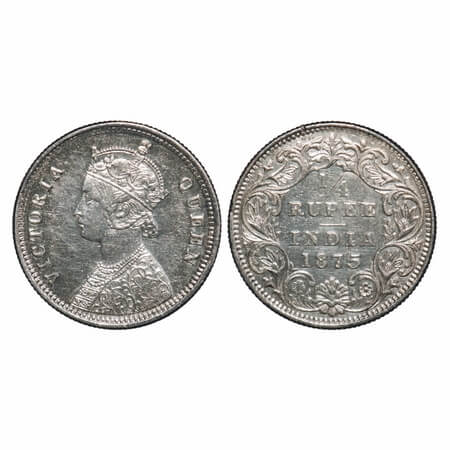 Victoria Queen, Silver, 1/4 Rupee, 1875, Bombay Mint, A/I, No dot, Nick on Rev rim edge. F
