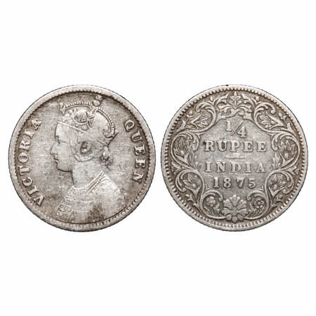 Victoria Queen, Silver, 1/4 Rupee, 1875, Calcutta Mint, A/I, No mint mark, No 'C'. F. Prid