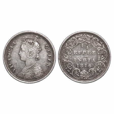 Victoria Queen, Silver, 1/4 Rupee, 1876, Bombay Mint, A/I, No dot. F. Prid 407. GK 668. Ve