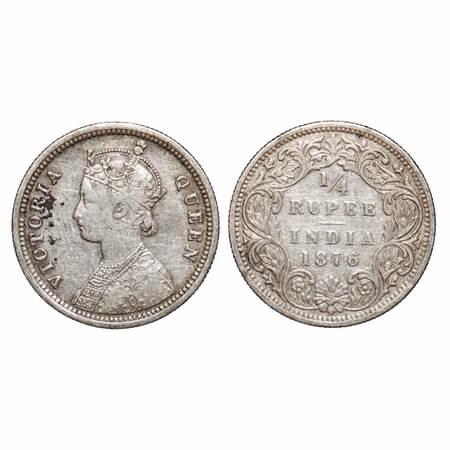 Victoria Queen, Silver, 1/4 Rupee, 1876, Bombay Mint, A/I, No dot. F. Prid 407. GK 668. Ve