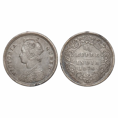 Victoria Queen, Silver, 1/4 Rupee, 1876, Bombay Mint, A/I, No dot, Nick on Obv & Rev rim e