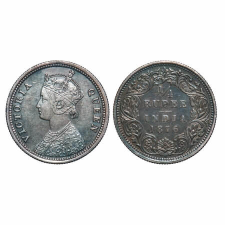 Victoria Queen, Silver, 1/4 Rupee, 1876, Bombay Mint, A/I, No dot. F. Prid 407. GK 668. Ex