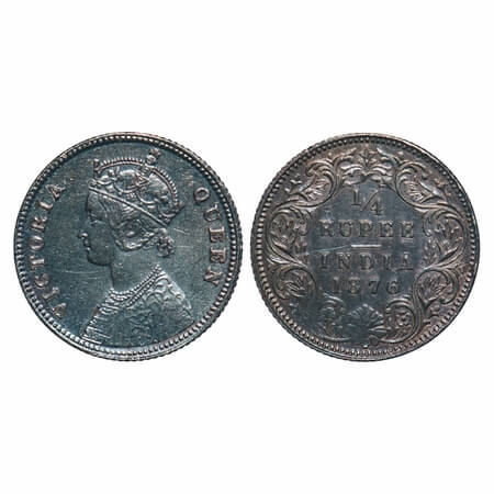 Victoria Queen, Silver, 1/4 Rupee, 1876, Calcutta Mint, A/I, No Mint mark, No 'C'. F. Prid