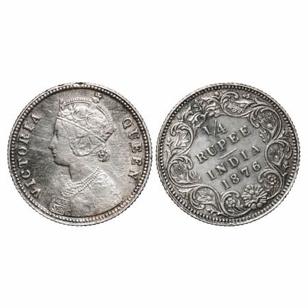 Victoria Queen, Silver, 1/4 Rupee, 1876, Calcutta Mint, A/I, No Mint mark, No 'C', Almost 