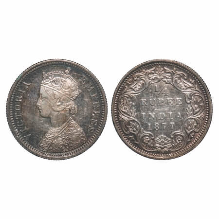 Victoria Empress, Silver, 1/4 Rupee, 1877, Bombay Mint, A/I, Dot, Ghost on Rev. F. Prid 40