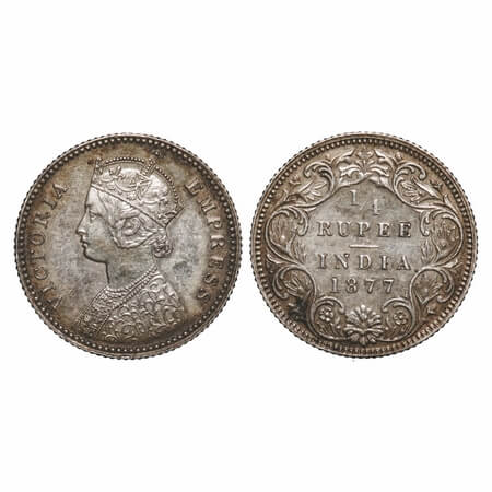 Victoria Empress, Silver, 1/4 Rupee, 1877, Calcutta Mint, B/I, No mint mark, No C. F. Prid