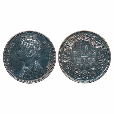 Victoria Empress, Silver, 1/4 Rupee, 1877, Calcutta Mint, B/I, No mint mark, No 'C'. F. Pr