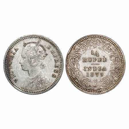 Victoria Empress, Silver, 1/4 Rupee, 1879, Calcutta Mint, C/II, 'C' incused. F. Prid 384. 