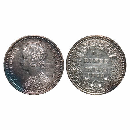 Victoria Empress, Silver, 1/4 Rupee, 1879, Calcutta Mint, C/II, 'C' incused, Ghost on Rev.