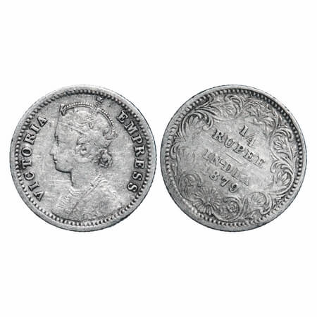 Victoria Empress, Silver, 1/4 Rupee, 1879, Calcutta Mint, C/II, 'C' incused, Almost 1'o cl