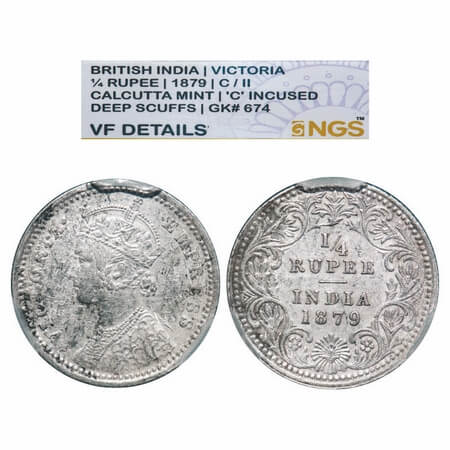 Victoria Empress, Silver, 1/4 Rupee, 1879, Calcutta Mint, C/II, 'C' incused. F. Prid 384. 