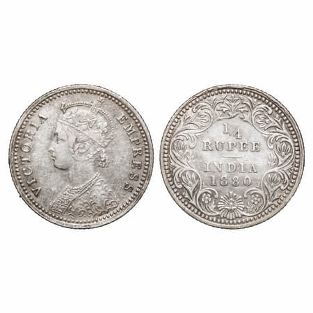 Victoria Empress, Silver, 1/4 Rupee, 1880, Calcutta Mint, C/II, 'C' incused. F. Prid 385. 