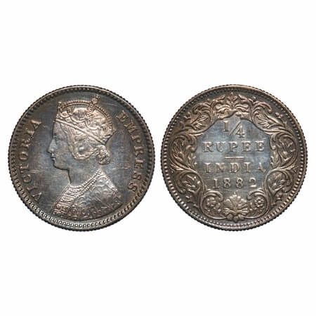 Victoria Empress, Silver, 1/4 Rupee, 1882, Bombay Mint, B/II, Dot. F. Prid 413. GK 682. To