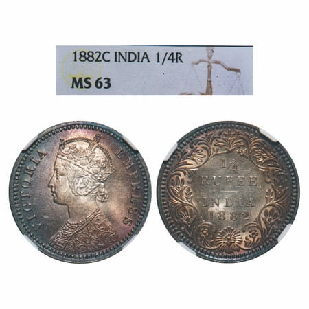 Victoria Empress, Silver, 1/4 Rupee, 1882, Calcutta Mint, C/II, 'C' incused. F. Prid 387. 