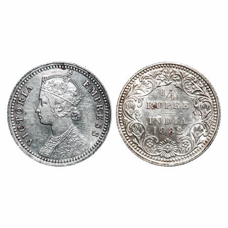 Victoria Empress, Silver, 1/4 Rupee, 1882, Calcutta Mint, C/II, 'C' incused. F. Prid 387.