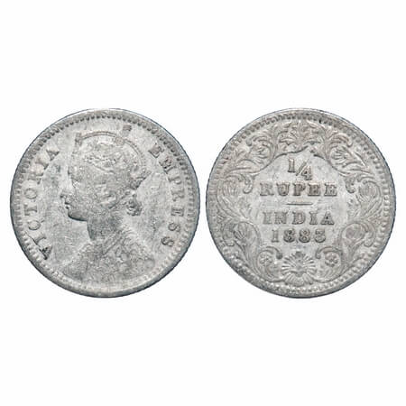 Victoria Empress, Silver, 1/4 Rupee, 1883, Calcutta Mint, C/II, 'C' incused. F. Prid 388. 