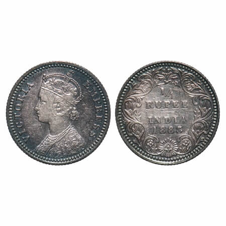 Victoria Empress, Silver, 1/4 Rupee, 1883, Calcutta Mint, C/II, 'C' incused. F. Prid 388. 
