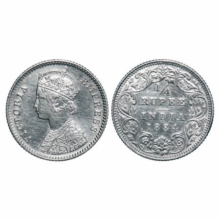 Victoria Empress, Silver, 1/4 Rupee, 1884, Bombay Mint, B/I, 'B' raised. F. Prid 416. GK 6