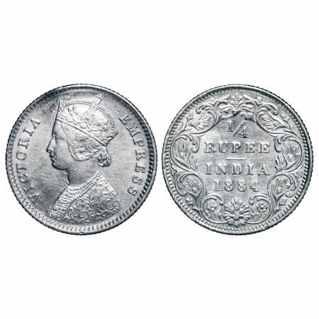 Victoria Empress, Silver, 1/4 Rupee, 1884, Bombay Mint, B/I, 'B' raised. F. Prid 416. GK 6