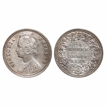Victoria Empress, Silver, 1/4 Rupee, 1884, Calcutta Mint, C/II, 'C' incused. F. Prid Unlis